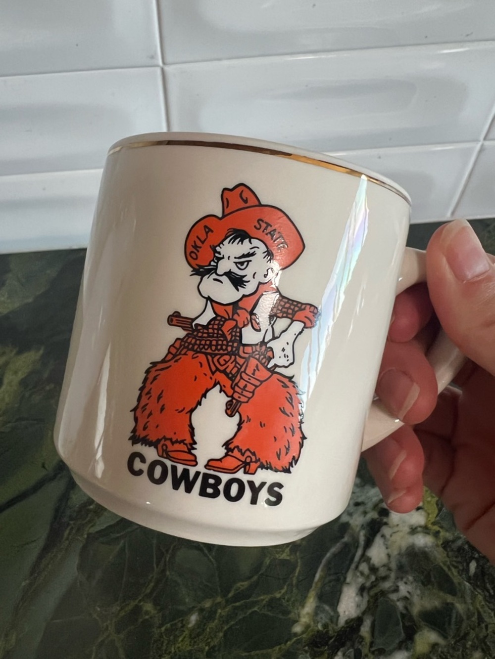Vintage Oklahoma Cowboys Mug in Cream and Orange with Gold Trim